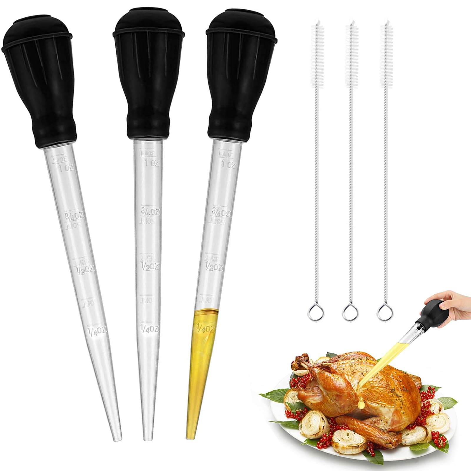 6 Pcs Turkey Baster Large, Turkey Baster, Easy to Use Baster for Cooking BBQ Cooking Straw, Cooking Dropper, Turkey Oil Dropper with Brush, for Oiling and Marinating Turkey Beef Pork Fish(Black)