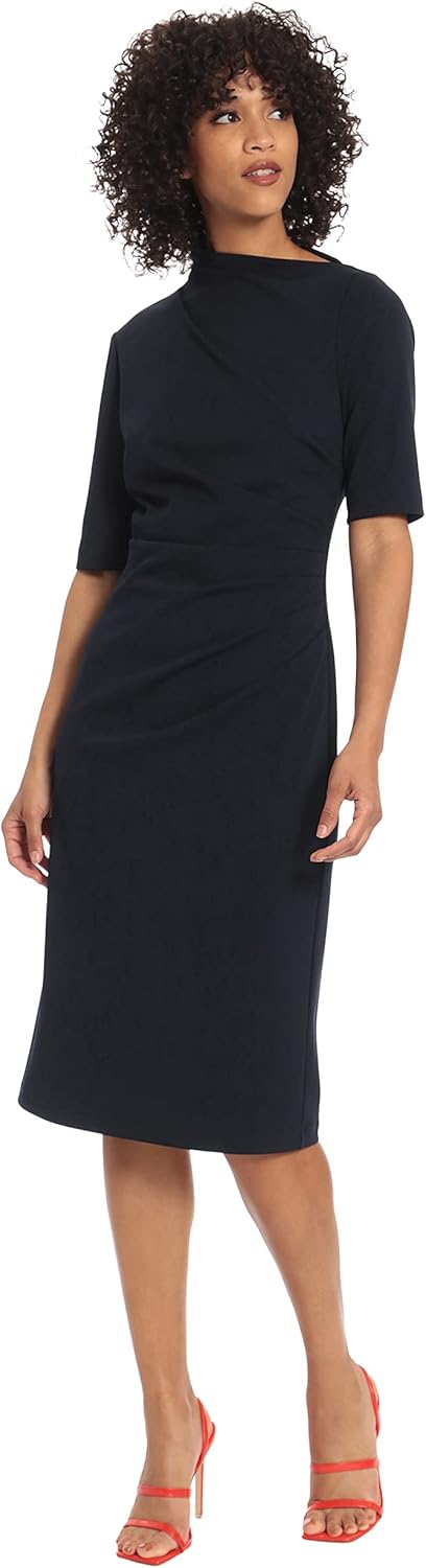 Maggy London Womens Side Pleat Dress with Asymmetric Neck and Elbow Sleeves - Image 2