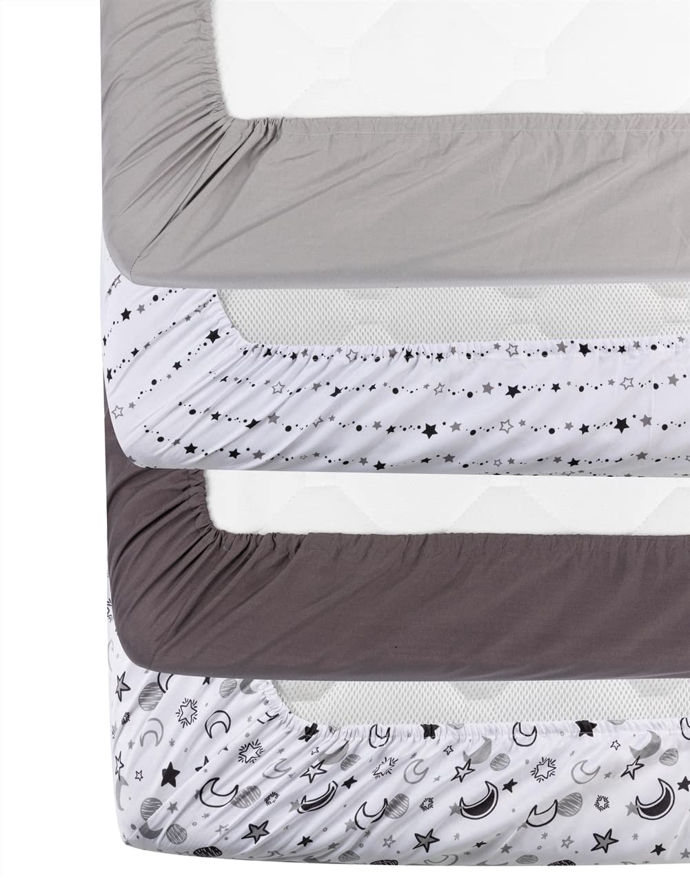 Juego de 4 sábanas para cuna unisex con diseño de estrella y luna, para bebés o niñas (blanco)