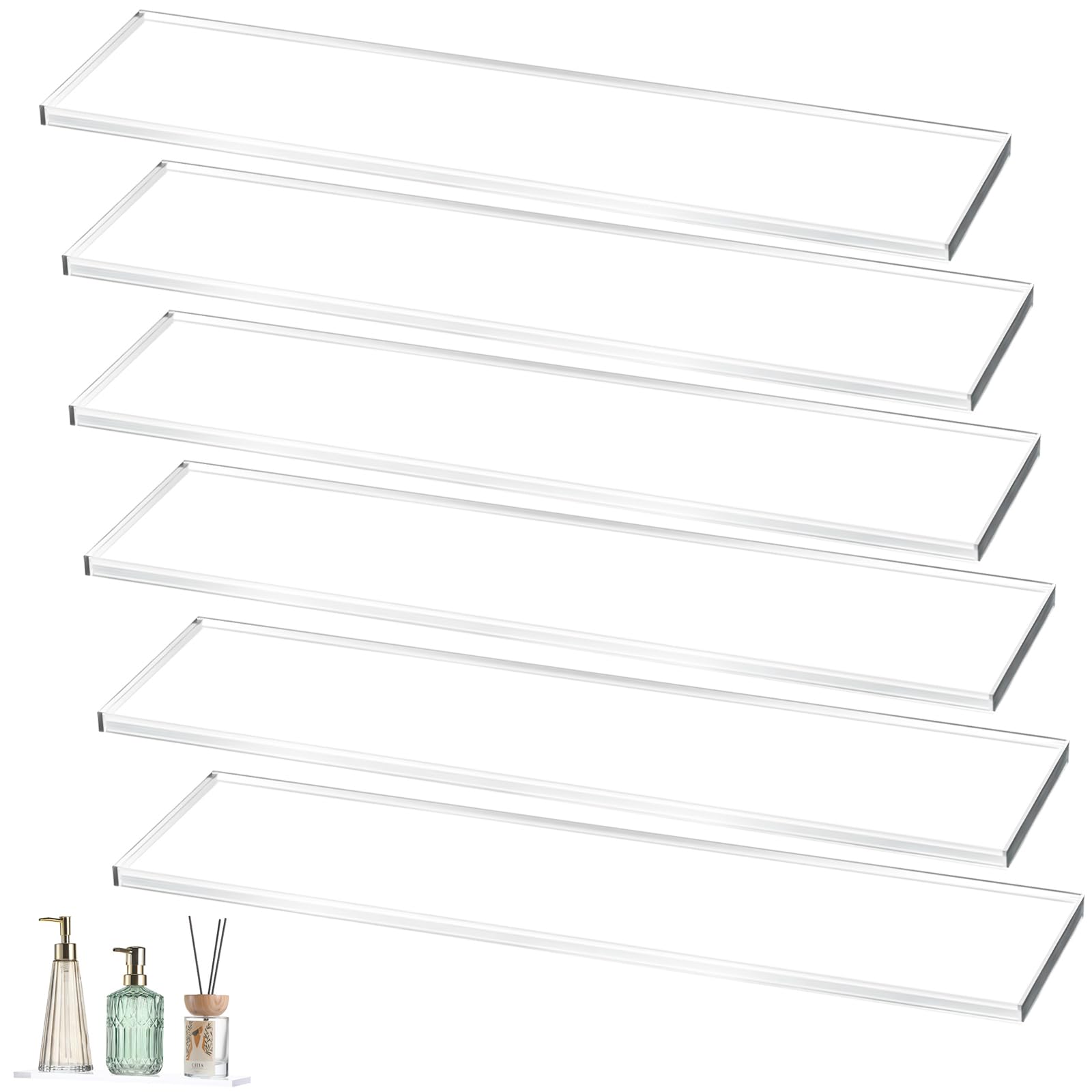Photo 1 of Leinuosen 6 Pcs Clear Acrylic Medicine Shelves, Replacement Cabinet Shelves for Bathroom, Living Room, Kitchen, Wall Mounted and Hanging, 1 cm Thick (13 Inch)