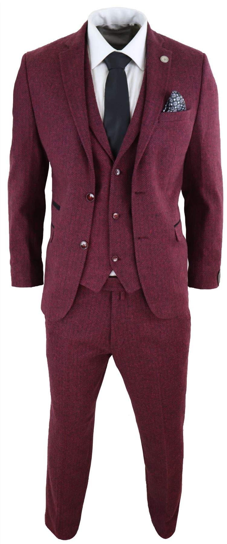 TruClothing Men's 3 Piece Tweed Suit Burgundy 36R Herringbone Wool Blend Tailored Fit