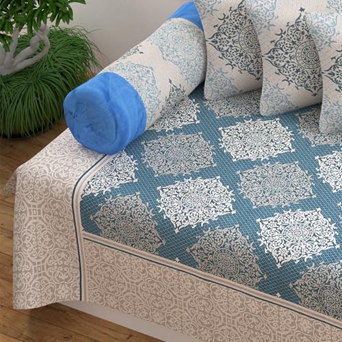 Image of FRESH FROM LOOM Cotton Reversible Diwan Set Blue - 1 Single Bedsheet with 2 Bolster Covers and 5 Cushion Covers (8pc Set)