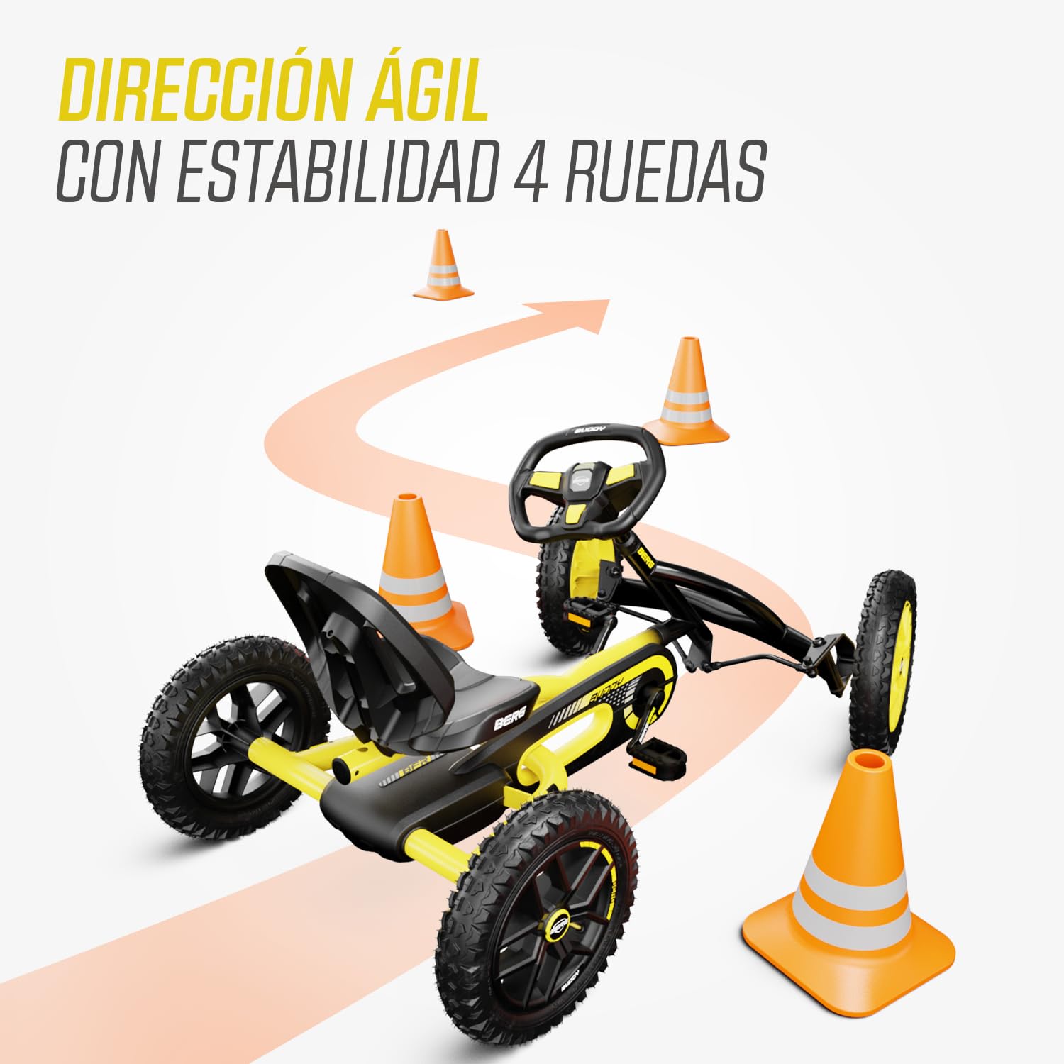 BERG Kart a Pedales Buddy Cross | Amarillo, 3-8 años, cuadro resistente, asiento regulable, volante regulable