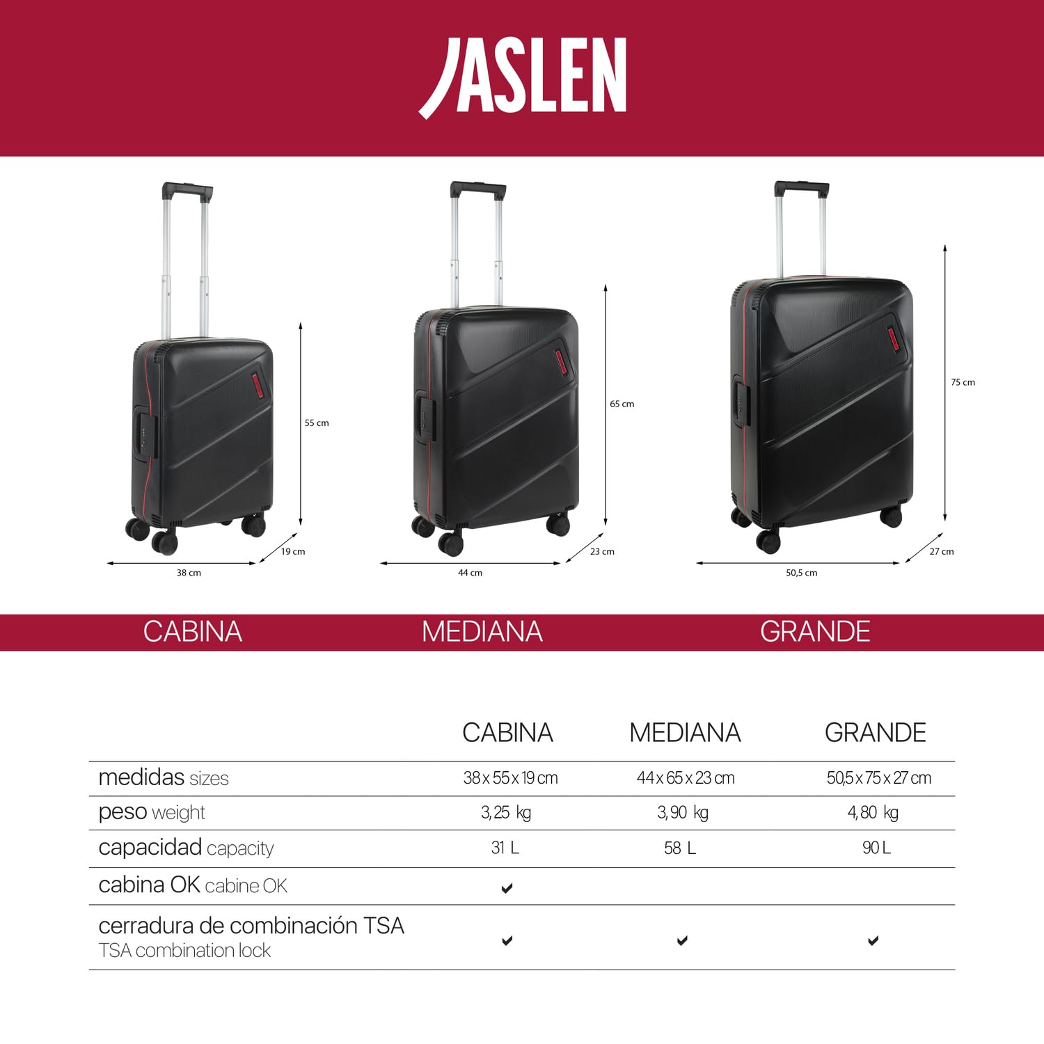 JASLEN - Set de Valises Rigides 4 roulettes - Valise Grande Taille, Valise soute Avion, Bagages pour Voyages, Lot de Valises à Roulette. Fabriquées en PP matériau résistant