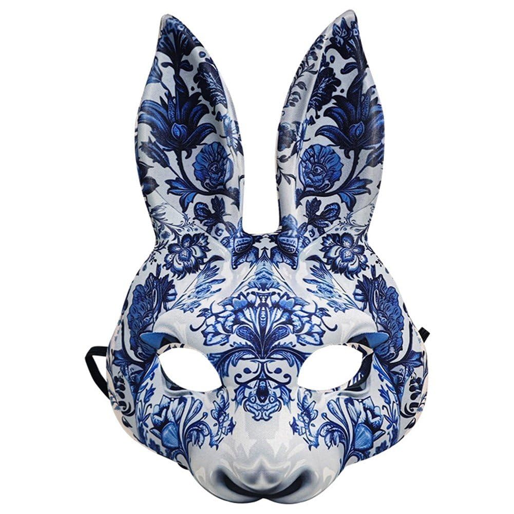 hzzsbu Funny Rabbit Mask Blue and White Porcelain Pattern Masquerade Mask Halloween Half Face Bunny Mask Easter Cosplay Costume Supplies