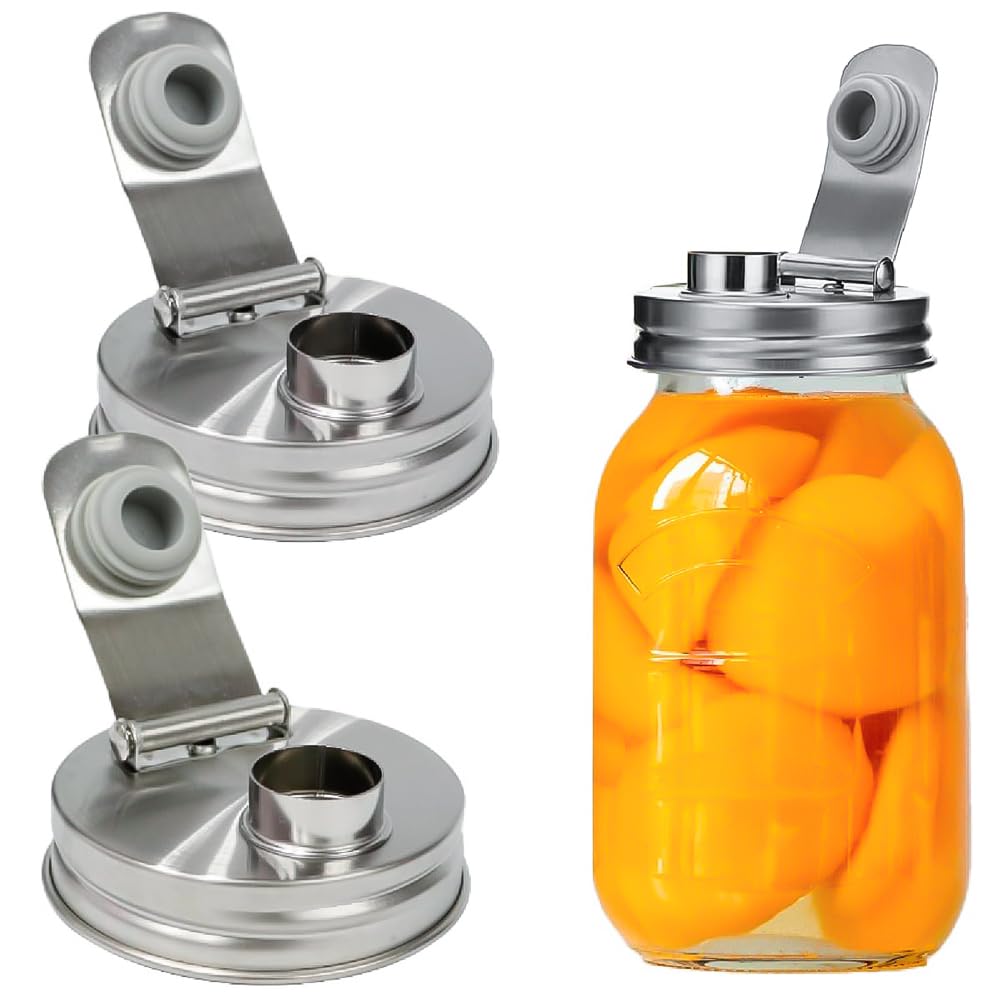 2PCS Mason Jar Lids with Flip Cap Pour Spout – Stainless Steel Reusable Regular Mouth Mason Jar Lids Only, Leak-Proof Airtight Canning Lids for Drinks, Juice, Dressing & Home Brewing