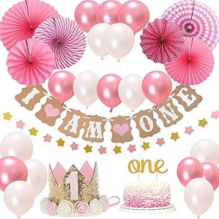 Queta 1er Anniversaire Fille Decorations Ensemble Fete D Anniversaire De Bebe Fille Fete Couronne De Gateau D Or Un Je Suis Un Fan De Papier Suspendu Fleur Et Ballons De Fournitures De Fete