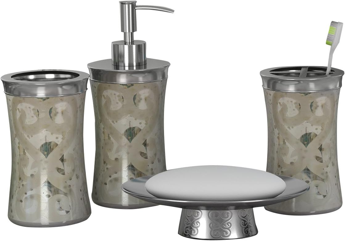 nu steel Mercury Glass Bath Accessory Set for Vanity Countertops, 4 piece Luxury Ensemble Includes soap Dish, Toothbrush Holder, Tumbler, soap and Lotion Pump-Mercury/Etched