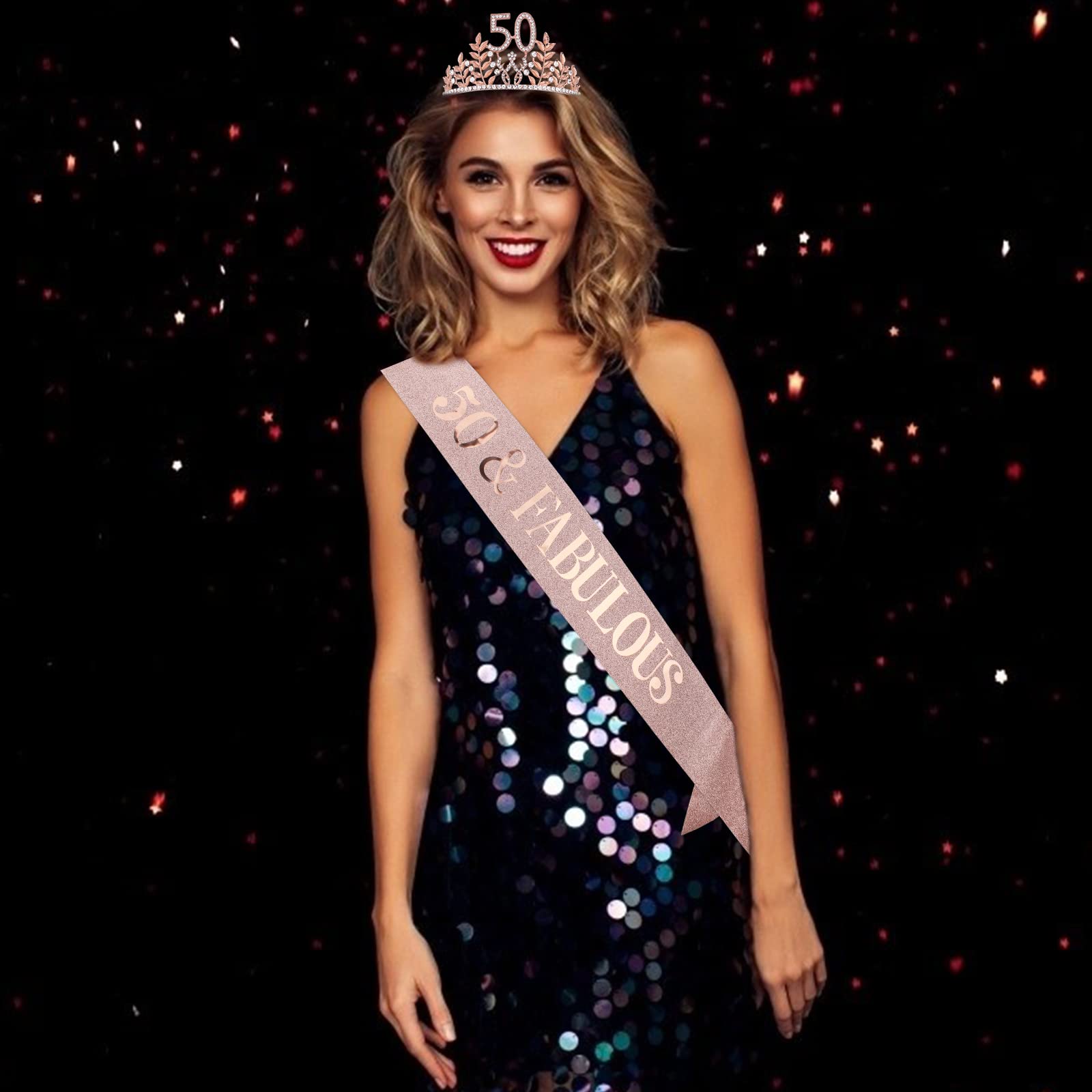 Semato 50 & Fabulous Birthday Crown and Sash Kit- 50th Birthday Gifts for Women 50th Birthday Party Supplies (rose gold)