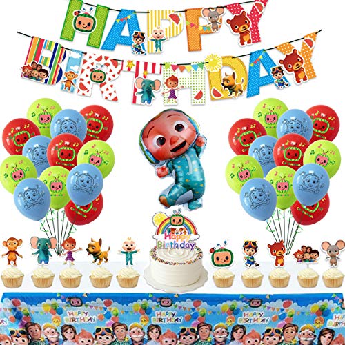 Carton Coco Birthday Party Supplies Kit, JJ Melon Birthday Party Decorations Included Happy Birthday Banner, Tablecloth, Balloons, Super JJ Family Favors Cake Cupcake Toppers for Baby Shower Boys Girls Theme Party