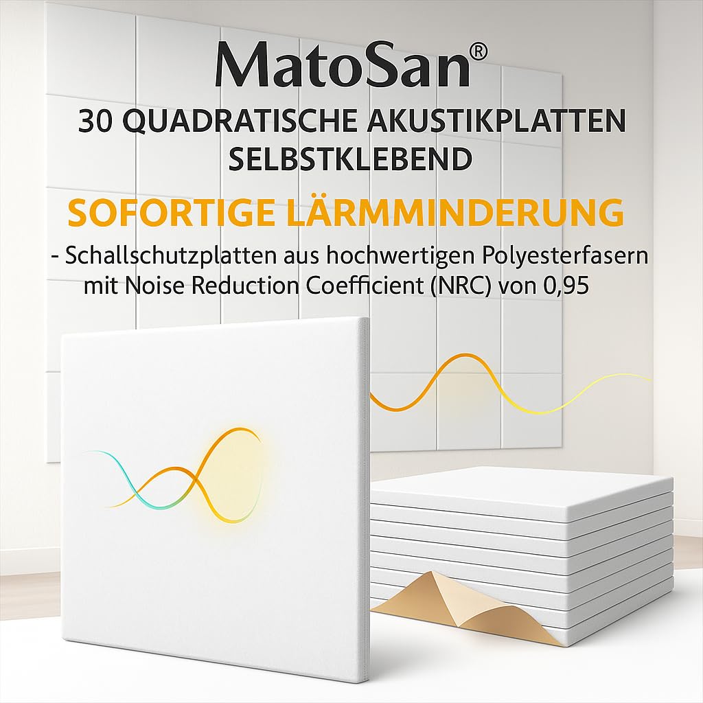 MatoSan 30 Pannelli Acustici Autoadesivi – Isolamento Acustico Alta Densità NRC 0,95 – Per Pareti, Soffitti, Studio di Registrazione