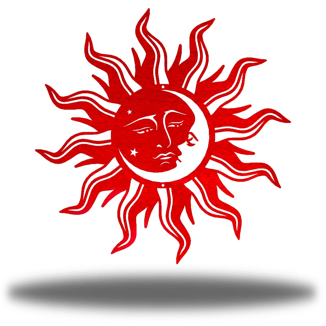 Riverside Designs Sun Moon Face Metal Wall Art Steel Decor | Heavy-duty and Waterproof | Made in USA (18" L x 18" W, Red)