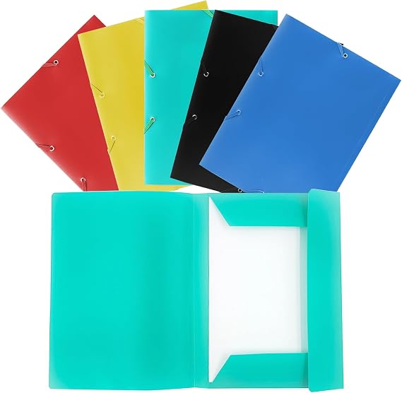 A4 Elasticated 3-Flap Folders with 200 Pcs Multicolor Label Stickers, Elastic Folder Plastic Wallets for Storing A4 Documents, Bright Transparent Colours, Pack of 5