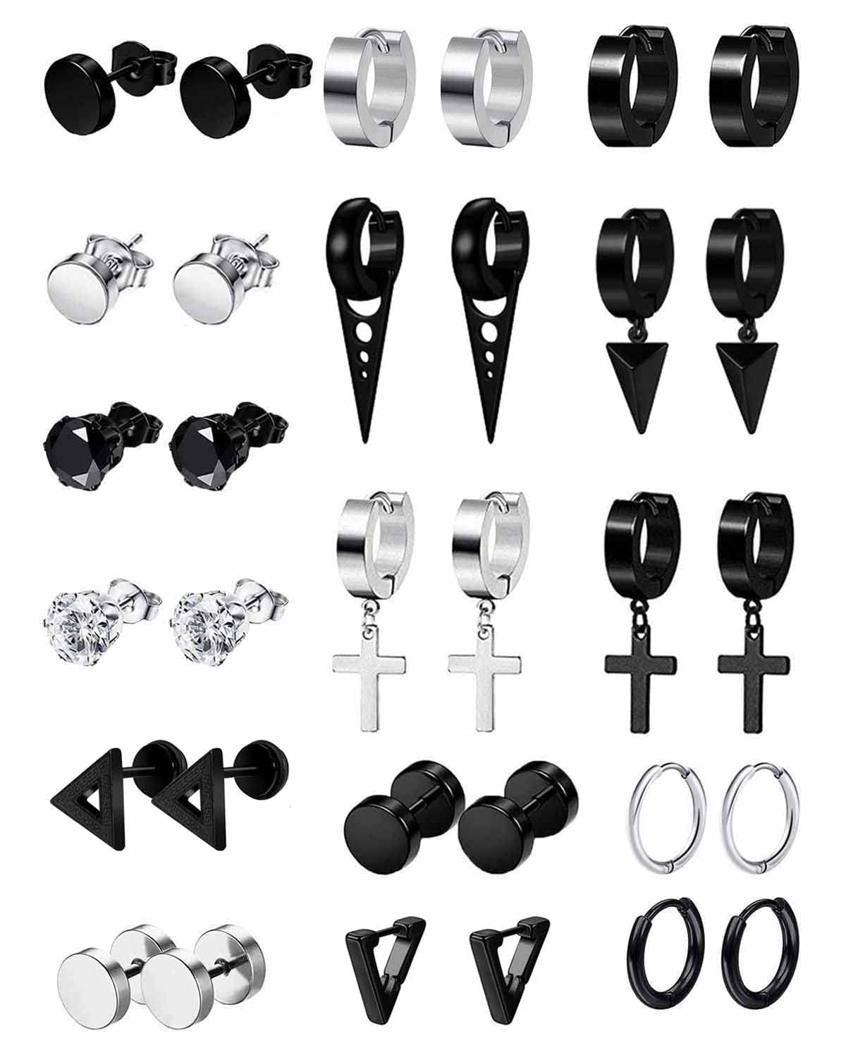 VELESAY 16Pares Aros Hombre Pendientes Acero Inoxidable Pendientes Aro Punk Colgantes Cruz Pendiente Aros Hombres Aretes Kpop Huggie Pendientes Redondos Colgantes Conjunto Pendientes para Hombres y Mujeres