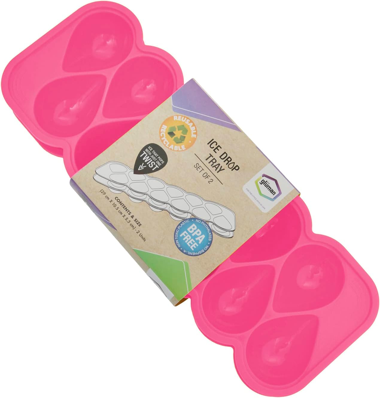 Gluman Plastic Reusable Ice Trays for Freezer with Easy Release with Drop Shape Ice (Set of 4) (28.5 X 10.3 X 5.0 Cm) (Pink)