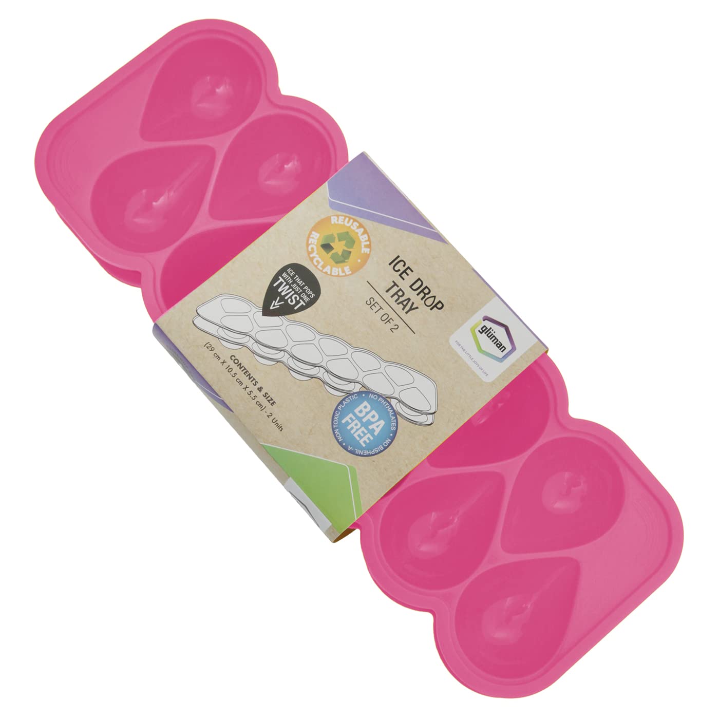 Gluman Plastic Reusable Ice Trays for Freezer with Easy Release with Drop Shape Ice (Set of 4) (28.5 X 10.3 X 5.0 Cm) (Pink)