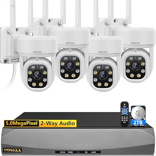(Seguimiento automático y audio de 2 vías) WiFi PTZ Sistema de cámaras de seguridad para exteriores Pan 5MP Sistema de cámaras inalámbricas de 10