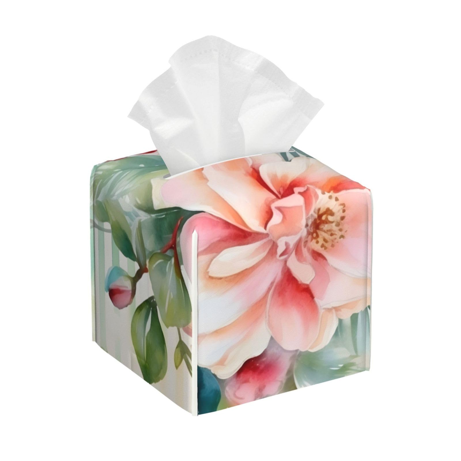 Tissue Box Cover, Watercolor Peonies Leather Tissue Box Cover Square Organizer, Room Decoration For Bathroom Kitchen Office Night Stands Tabletop