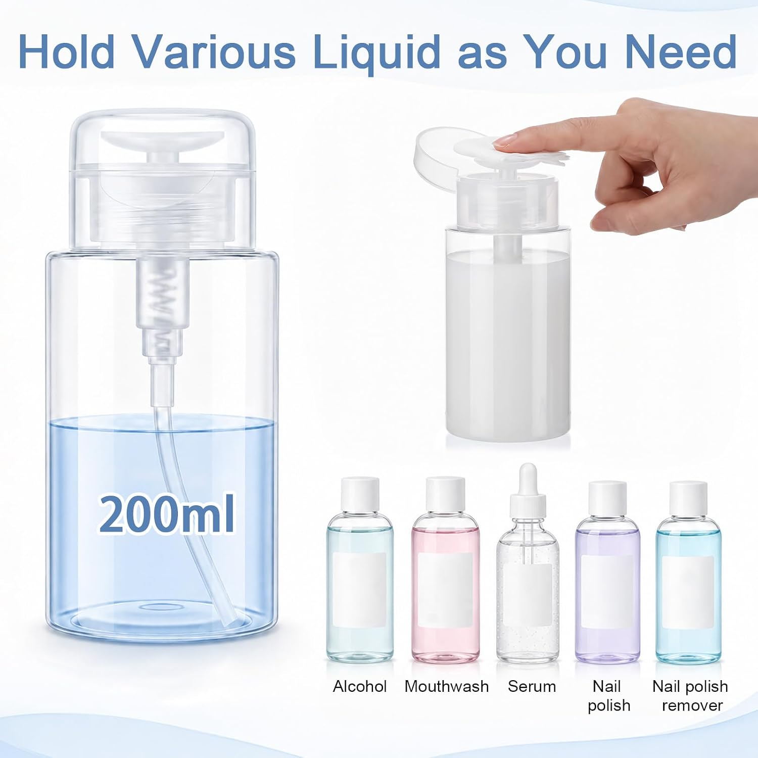 2 Pack Push Down Pump Dispenser, Pump Bottle Dispenser for Makeup Remover, Facial Toner, Micellar Water, Alcohol, Empty Plastic Pumps Bottles 6.7oz/200ML