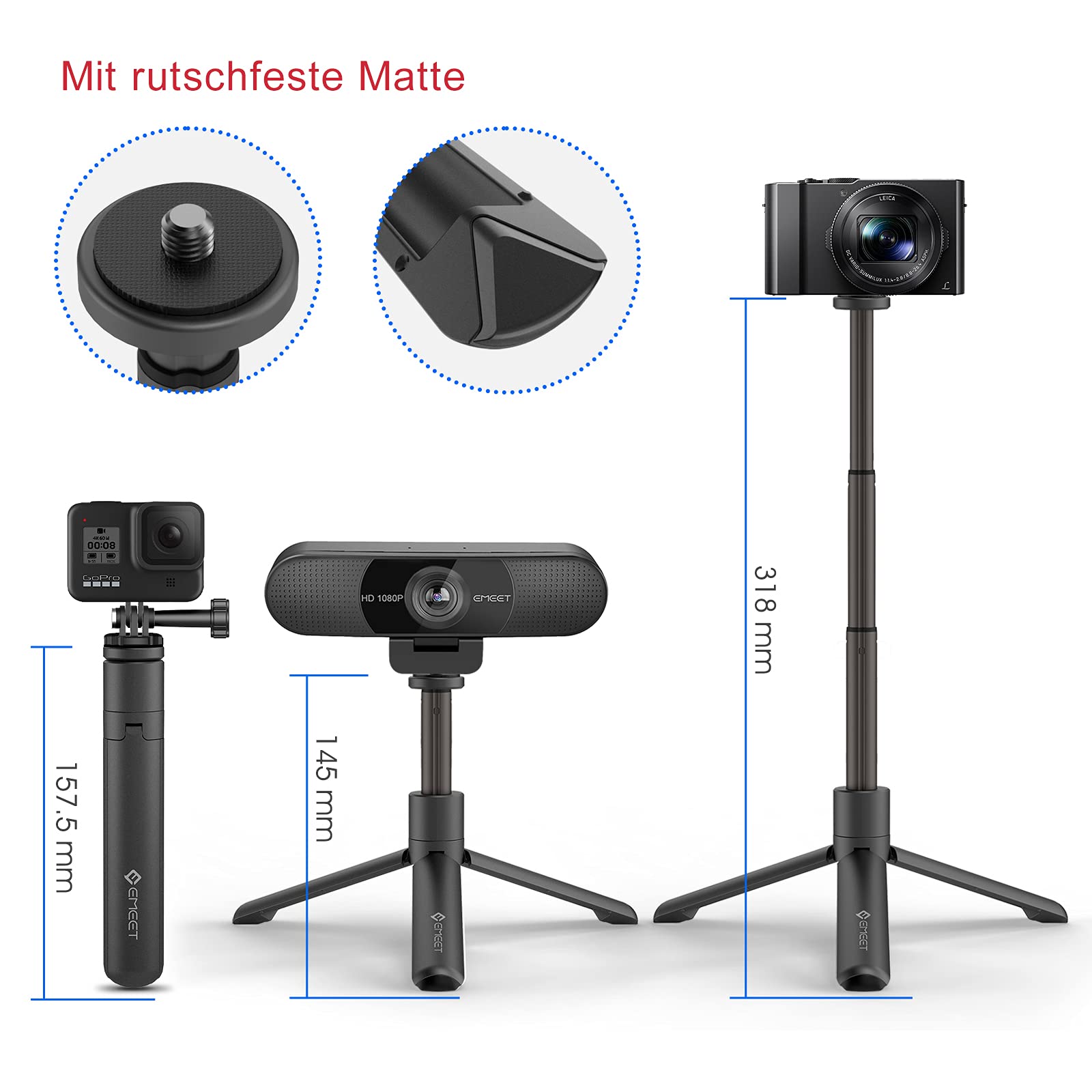 EMEET Treppiede – TD303 Tripod per webcam EMEET, treppiedi retrattili, 14,5 cm – 31,8 cm, con vite da 1/4", per webcam, fotocamera