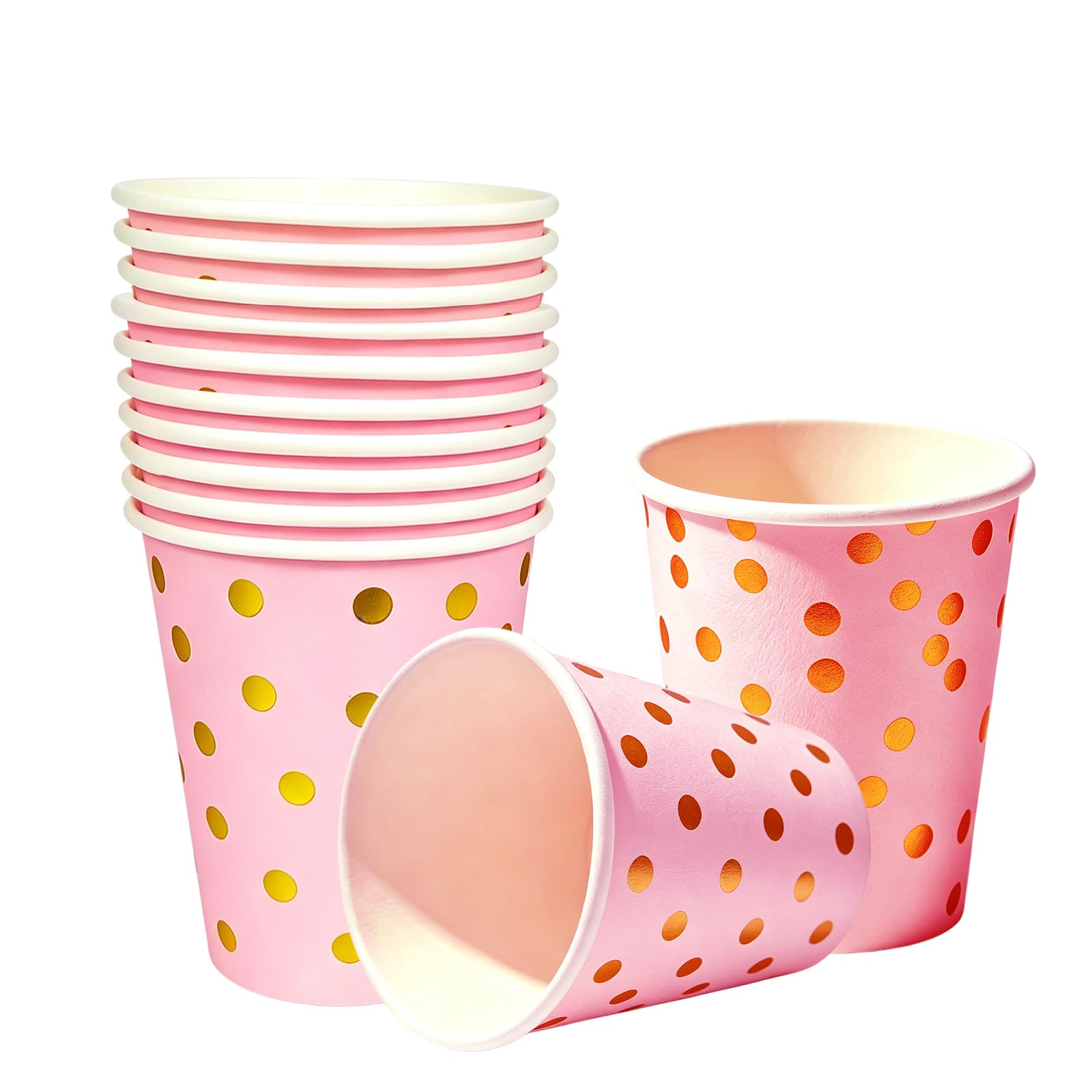 Aisszhao 40P Pink Disposable Paper Cups,Pink Gold Foil Polka Dots Party Cup