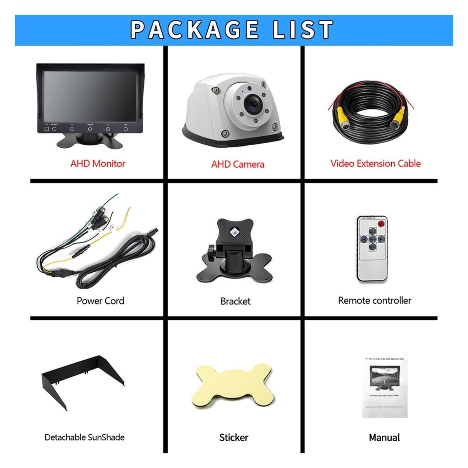 Zestaw Kamer Przyczepy 7-calowy Monitor Samochodowy 1080P Cofania Zapasowa Kamera Boczna Z Noktowizorem Do Ciężarówki RV Bus Van Stabilna Transmisja SygnałU(AHD Camera Kit - 10m)