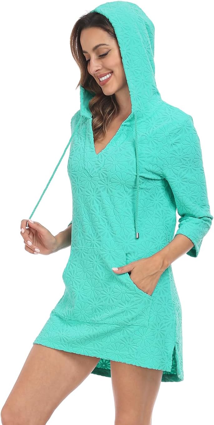 HDE Women's Terry Cloth Beach Cover Up Tunic Dress Swimsuit Coverup with Hood