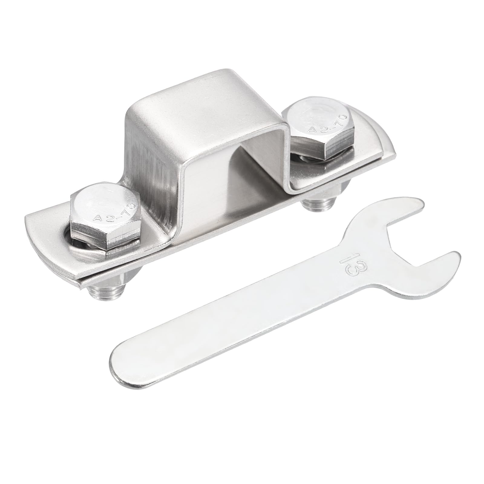 sourcing map U Shape Square Tube Clamp, 25x25mm U Shaped Bracket 304 Stainless Steel Square Strap Clamp with Bolt Plate Nuts and Wrench for Pipes Door Closed Bar Holder Railings