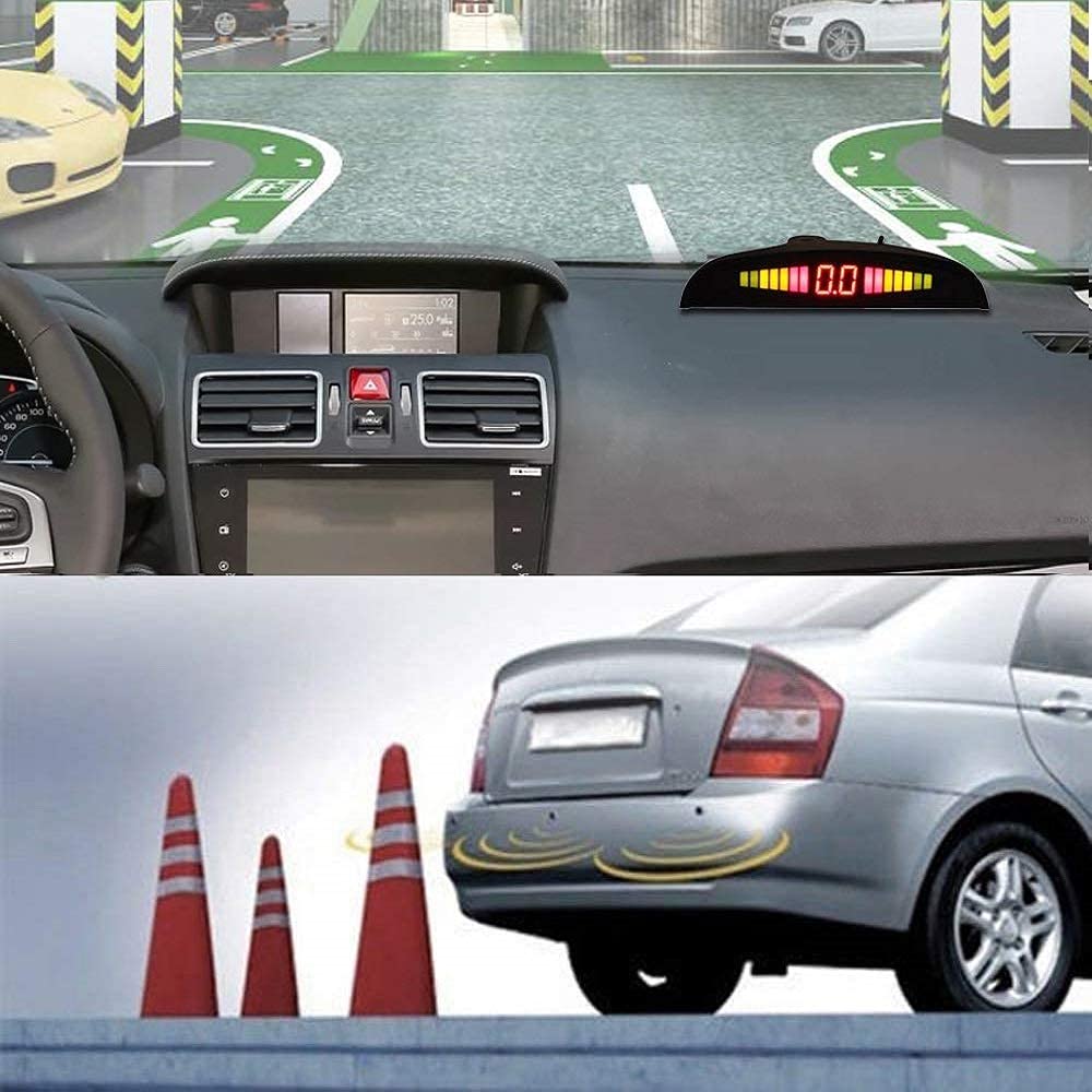 TOTMOX Car Reverse Parking Radar System 8 Reversing Sensors Kit with Front and Rear Alarm Buzzer Reminder LED Display Safe Driving, Car Parking Sensor, Black