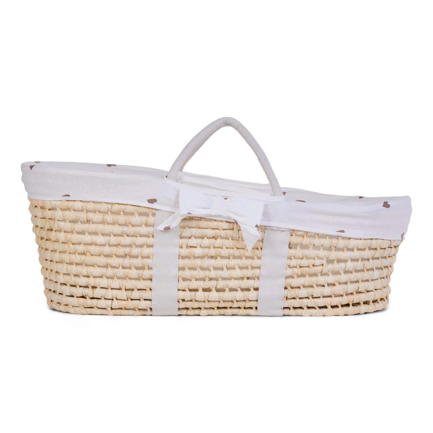 CHILDHOME, Couffin Osier pour bebe, Panier Moise en Feuille de Maïs, Matelas Inclu, Avec Poignées, Habillage Jersey Hearts