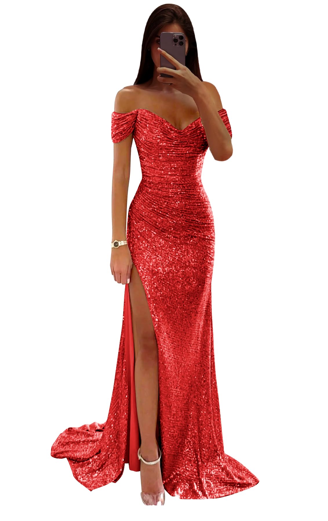 Sparkly Sequin Prom Dresses Long with Slit Off The Shoulder Bridesmaid Dress Pleated Evening Formal Gowns