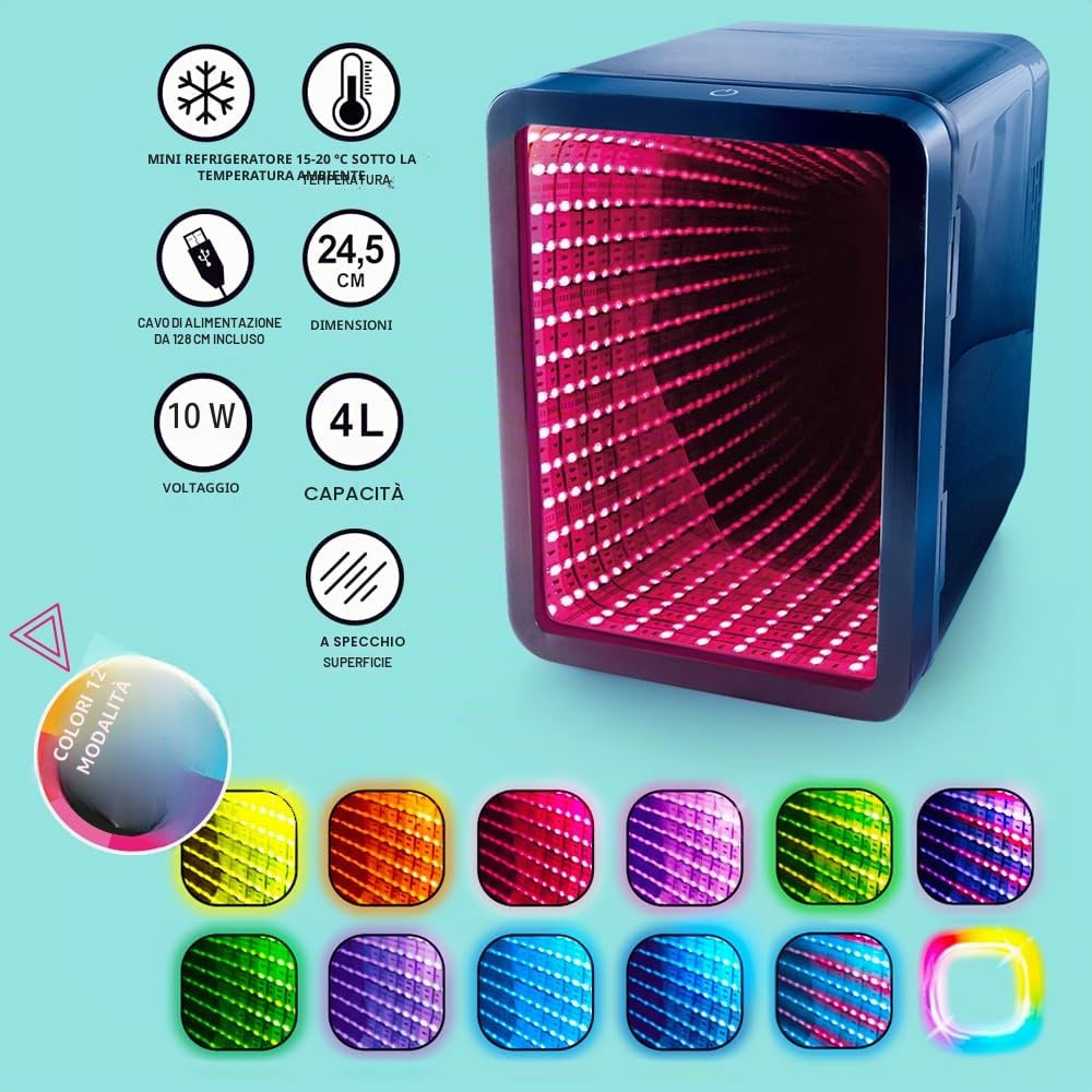 So Chill Mini frigo Infinity effetto LED, alimentato tramite USB, mini dispositivo di raffreddamento portatile con luci a LED, giocatori, studenti, viaggi in casa/auto, adesivi inclusi, 6 lattine