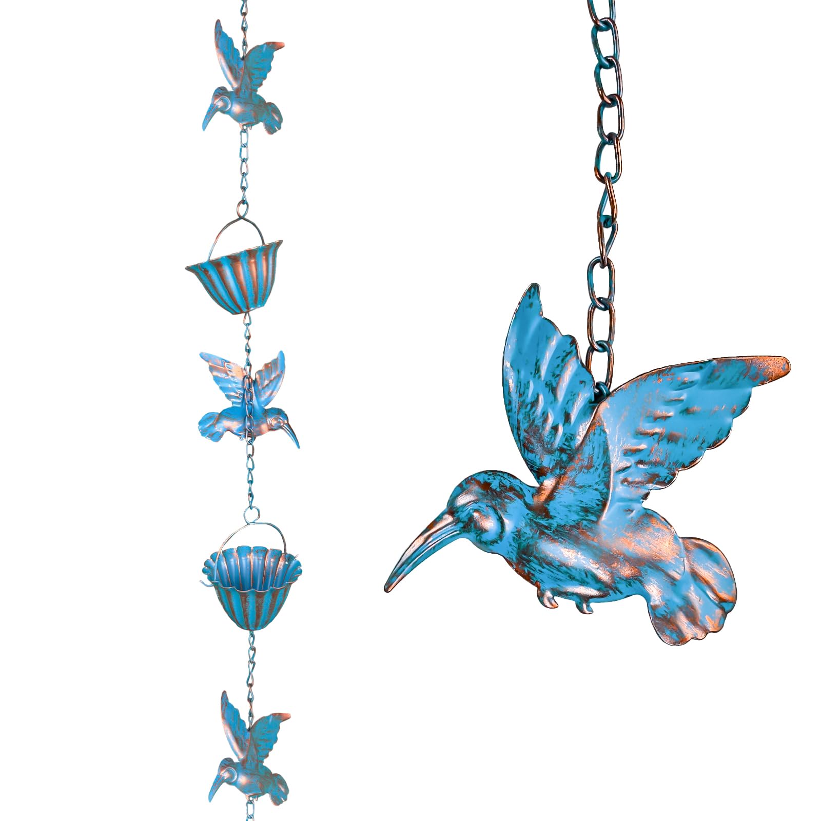 2,4 m Catene della Pioggia, Rain Chain Blu Colibrì Ferro retrò Collettore di Acqua Piovana per Esterni Adatto per Grondaie e Cornicioni del Cortile