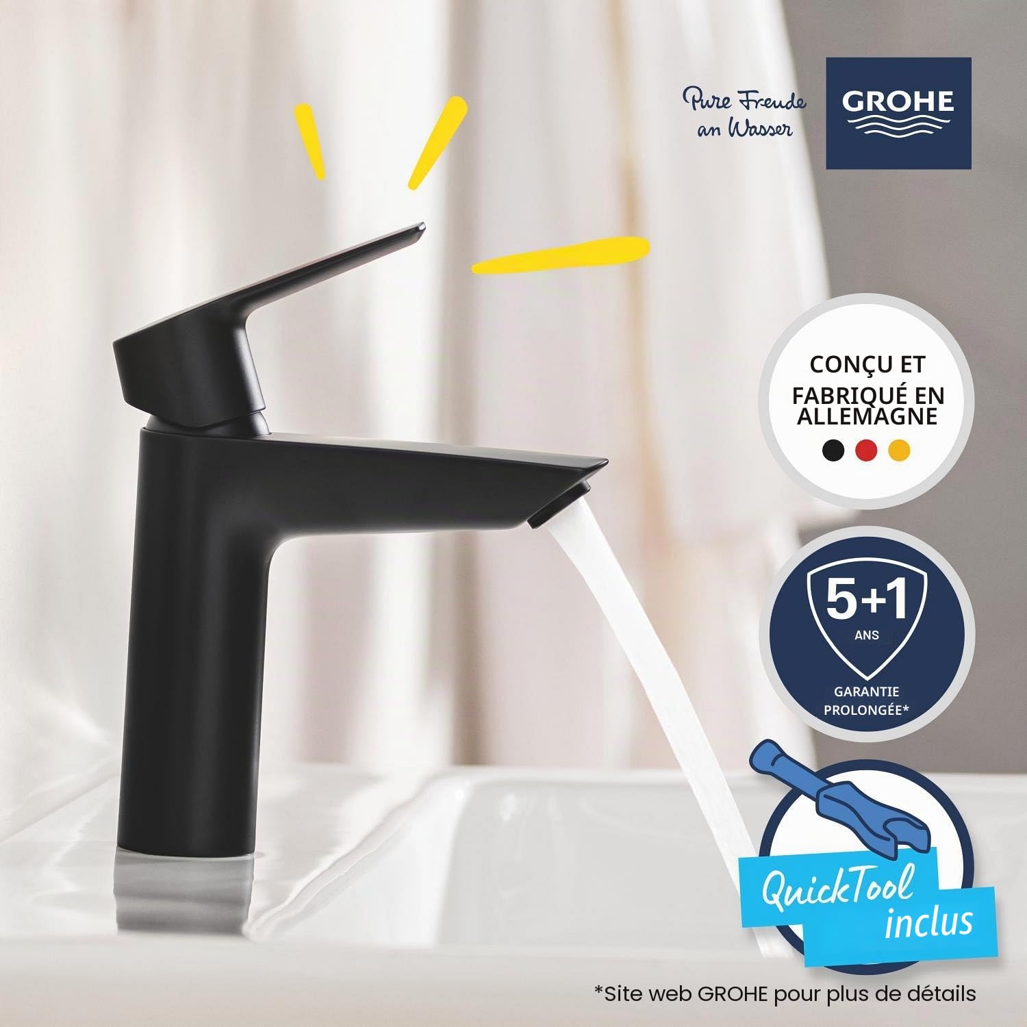 GROHE QUICKFIX Start Robinet de salle de bains lavabo, mousseur économie d'eau, bonde clic clac assortie incluse, installation et nettoyage facile, taille M, Noir Mat, 235752432 (Import Allemagne)