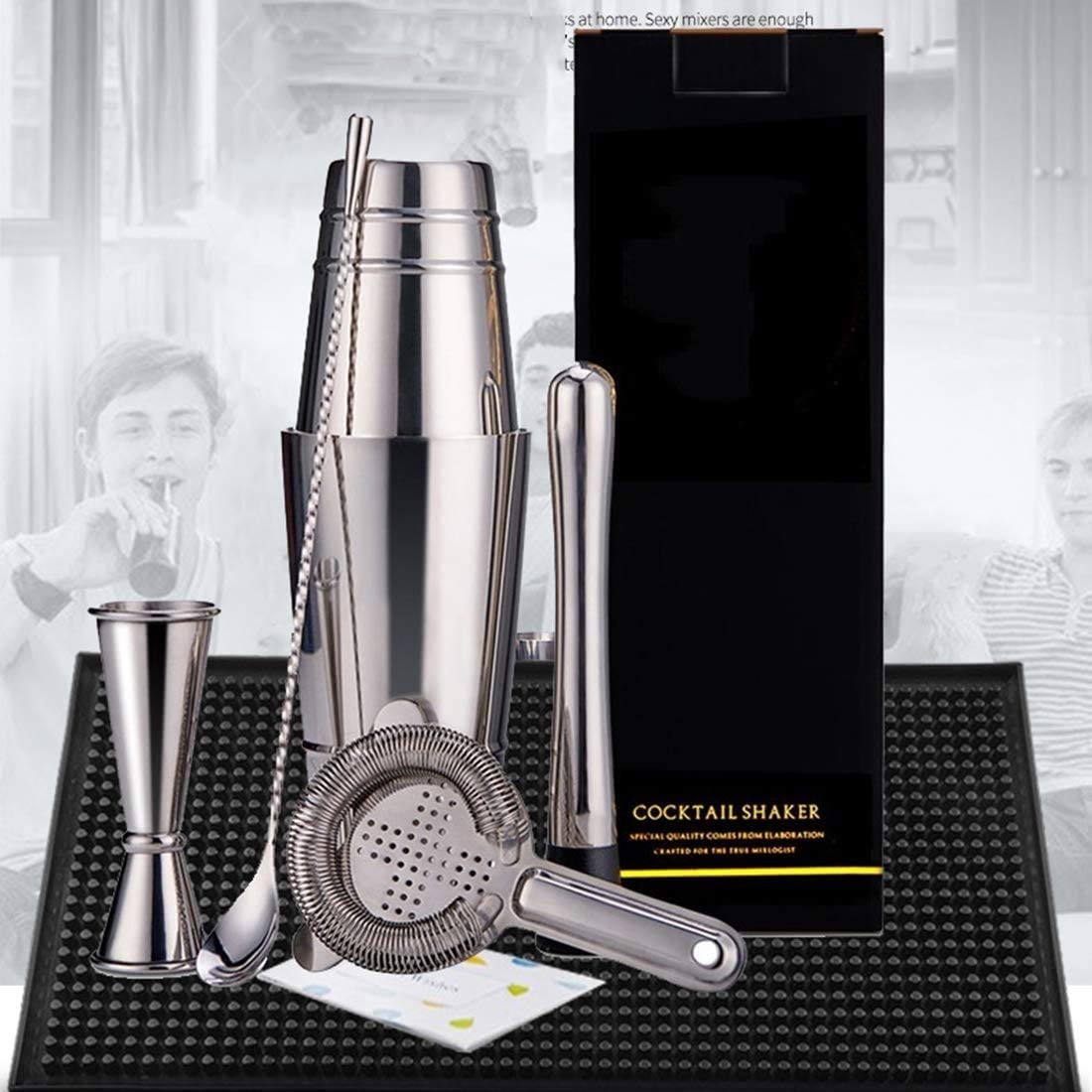 Coctelera de cóctel, Juego de coctelera de Acero Inoxidable de 5 Piezas, Juego de Bar de Barman Profesional, Juego de Bar para el hogar, Bares, Fiestas y Viajes, Negro