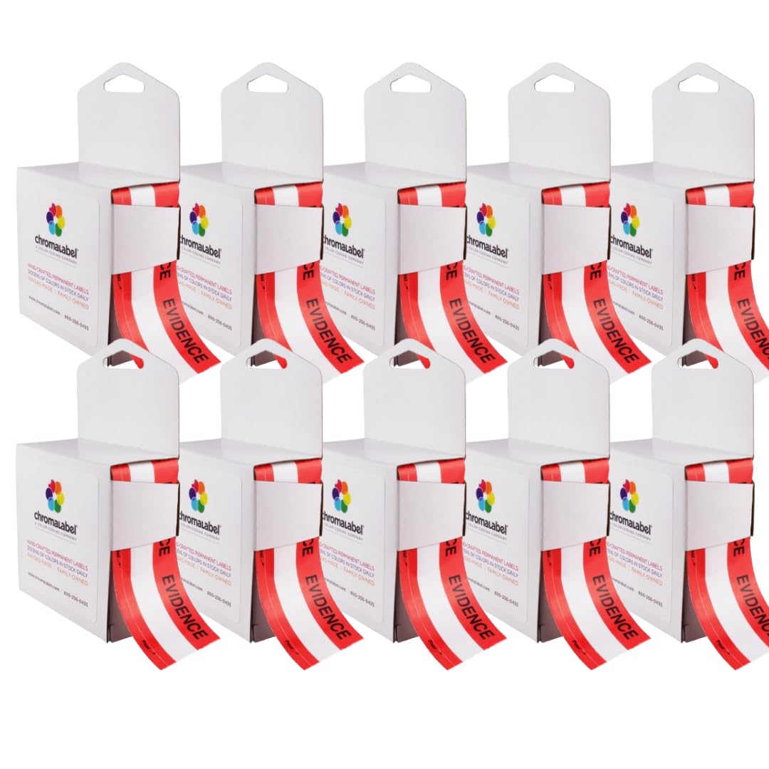 ChromaLabel 1.37 Inch Imprinted Evidence Tape Stickers, Tamper Evident Tape Crime Scene Decorations - 480 Inch Roll (13.33 Yards) with Dispenser Box,