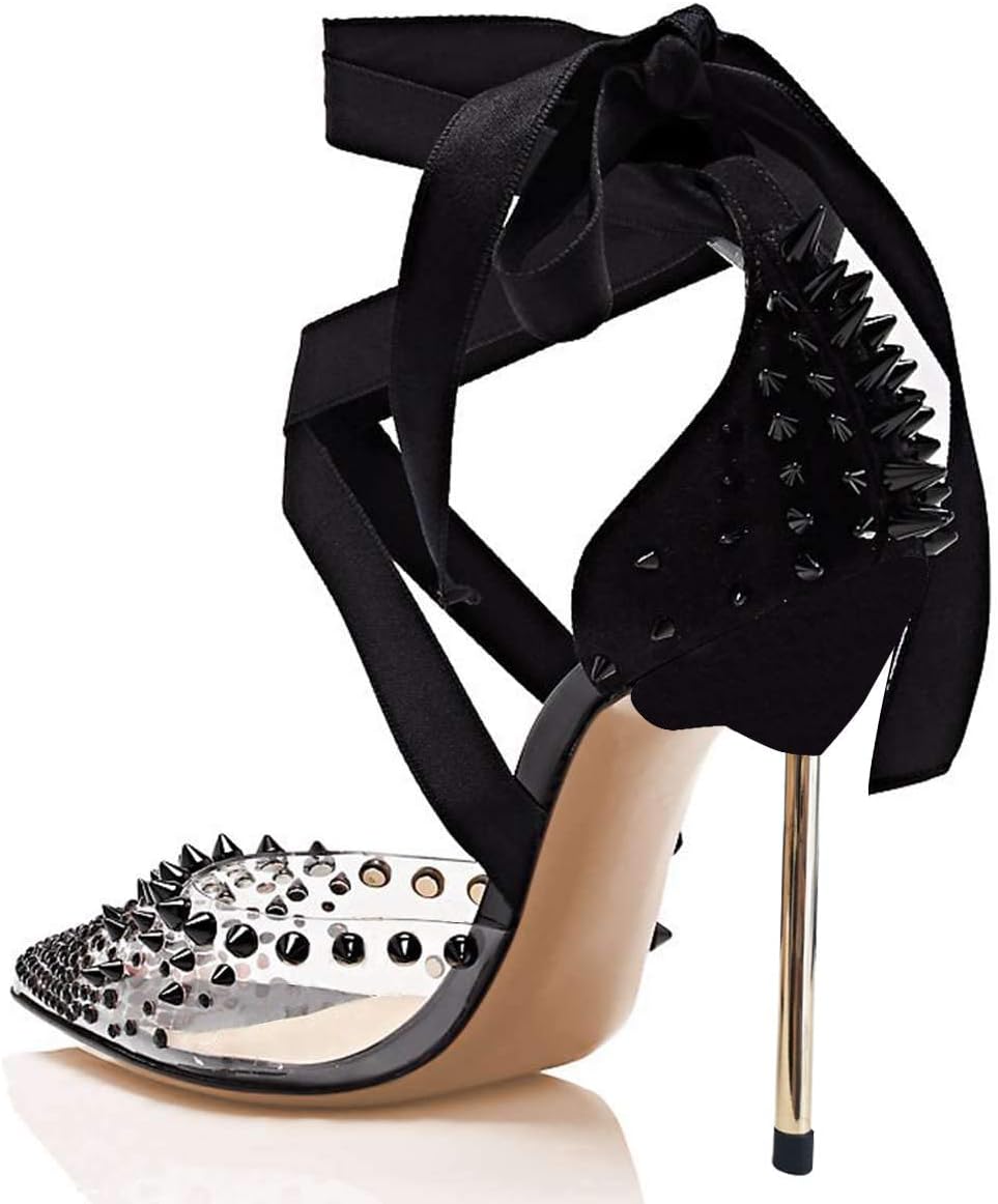 FSJ Women High Heel Ankle Strap Sandals Pointed Toe Rivets Pumps PVC Club Dress Shoes with Studs Fashion Size 4-15 US - Image 4