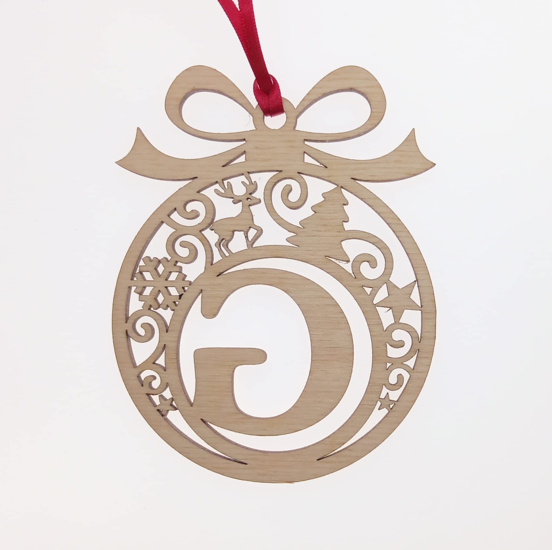 Personalised Christmas tree bauble decoration pendant ornament: Letter G, Natural Wood, Small - Image 3