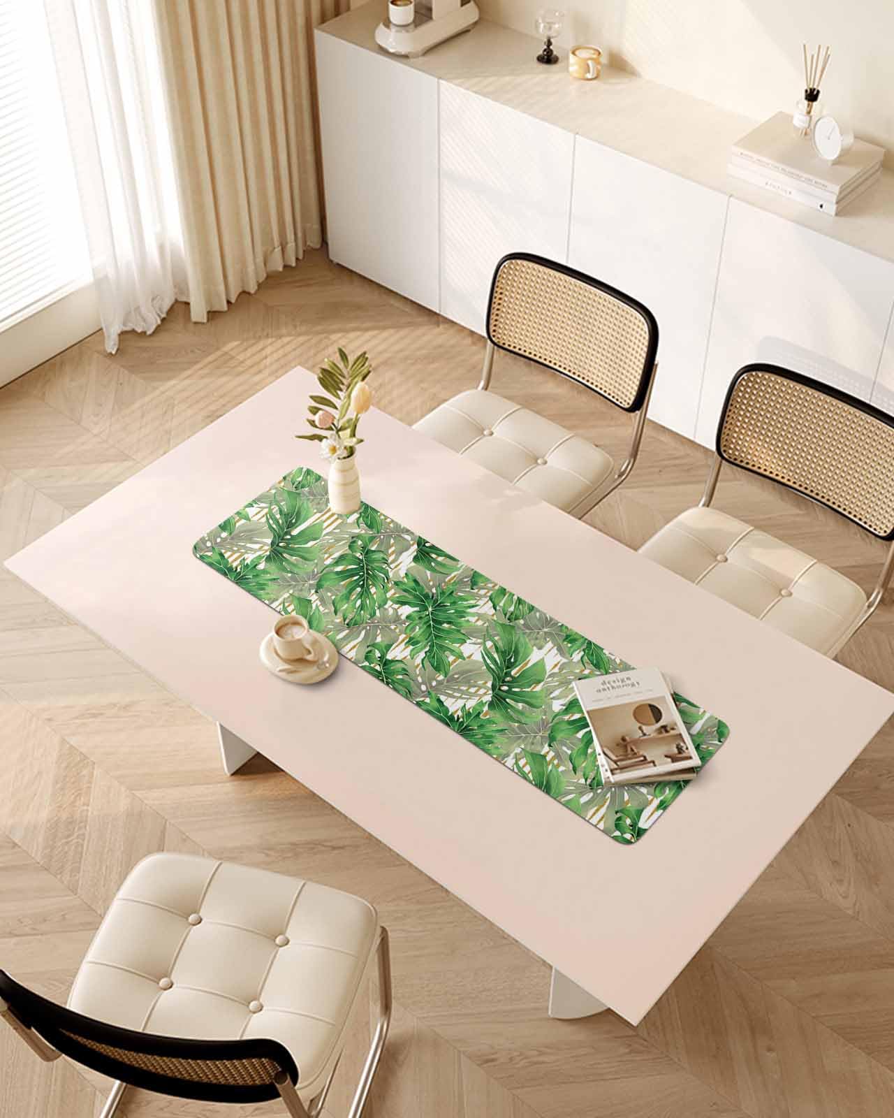 Debedcor Heat Proof Table Pads Waterproof Decorative, Green Palm Tropical Non-Slip Table Countertop Protector, Summer Watercolor Botanical Insulation Mat for Dining Room, 48 x 12 Inches