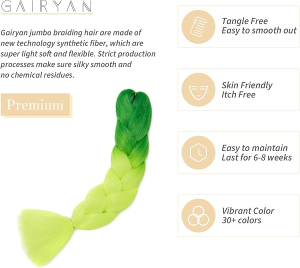 Gairyan Extensiones de Pelo Trenzas Africanas 1 Paquete 24" Pelo Sintetico Para Trenzas Natural Crochet Braiding Hair (Verde Oscuro-Verde Amarillo) - 3