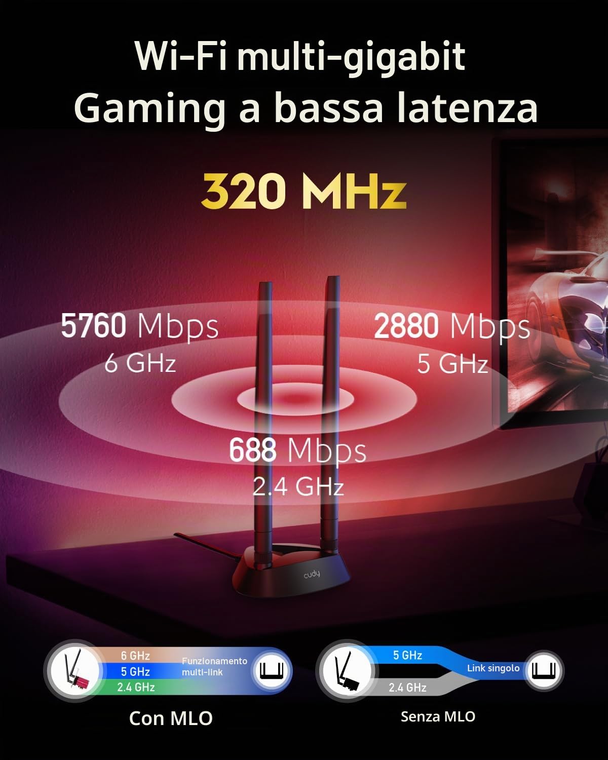 Cudy Adattatore PCIe BE19000 con Wi-Fi 7, Bluetooth 5.4 e OFDMA, WE9300S | Dongle PCI-Express WiFi 7, BT 5.4, 688 2882 5765 Mbps, Intel BE200, base per antenna magnetica, OFDMA, MU-MIMO, WPA3, Windows