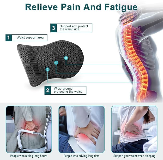 Shrevi Lumbar Support Pillow Ergonomic Memory Foam Relieve Back Pain, CMFY Breathable & Detachable & Washable, Neo Cushion Lower Back Pillow for Office Chairs, Car Seats (Black) 1