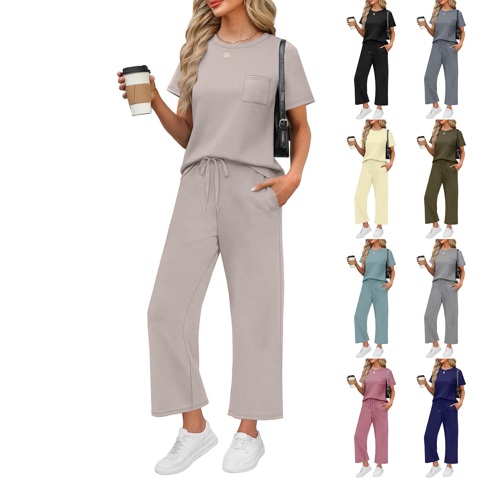 Casual Sets for Women 2 Piece Matching Lounge Sets Plain T Shirts Leisure Wear Set Cropped Pants Casual