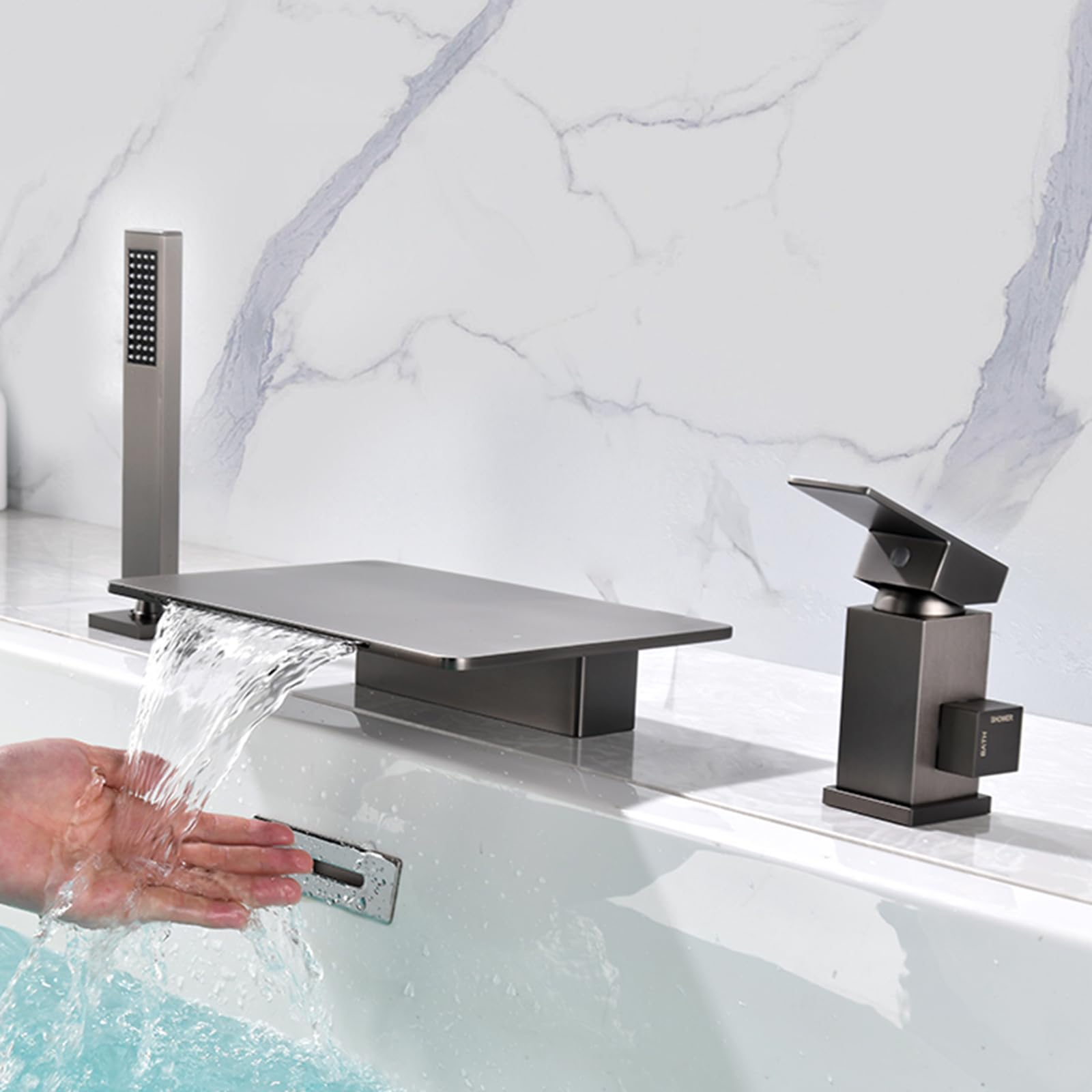 SnamicE Bath Taps Black Bath Mixer Taps with Shower Waterfall Shower Head and Hose Set for for Bathtub and Shower,Grey