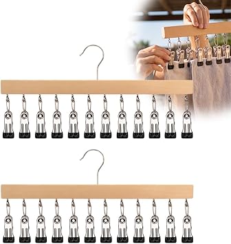 Space Saving Pants Hangers with 12 Clips Wooden Closet Organizer,Wood2pc