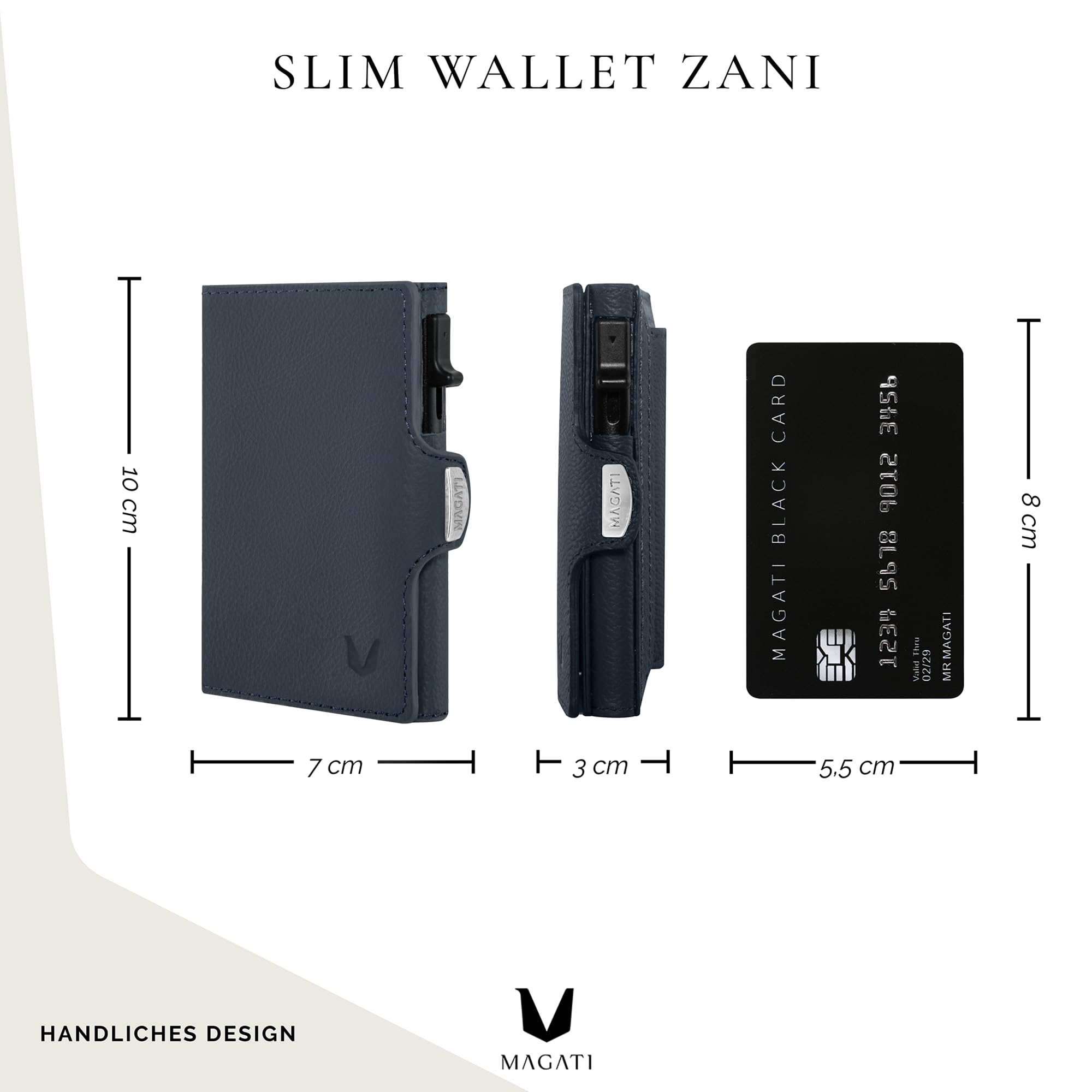 MAGATI Slim Wallet Zani aus Leder mit Fundservice, Kartenetui - Geldbörse mit Münzfach & RFID Blocker, Portmonee mit Kartenhalter & Geldscheinfach, Blau