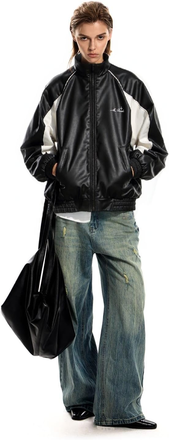 Unisex Faux Leather Track Jacket Oversized Streetwear Bomber Coat with Contrast White Panel & High Collar