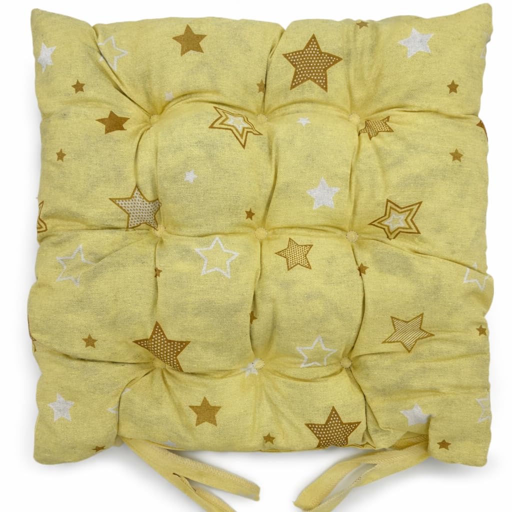cushion mania Chair Pads for Dining Chairs – Soft Padded Seat Cushions with Secure Fit – Comfortable Chair Seat Pads for Kitchen, Office & Garden Chairs (Stars Yellow, 4)