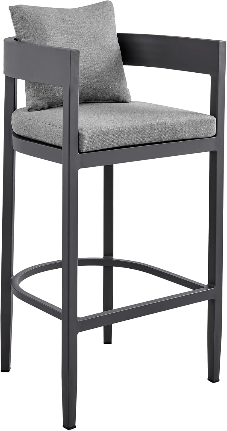 Armen Living Argiope Modern Indoor Outdoor Patio Counter Chair Bar Stool in Charcoal Gray Aluminum Metal with Gray Cushions, 30" Seat Height
