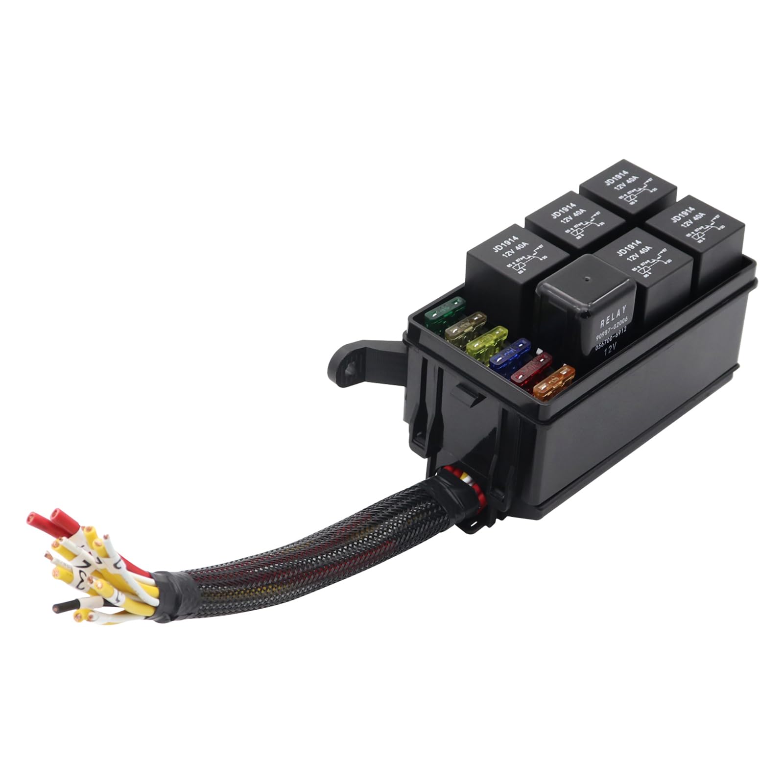 Hanzete - Blocco relè fusibile 12 Volt con relè 40A JD1914 4 pin RTT7121, 6 portafusibili ATC/ATO, scatola relè con cablaggio fusibile impermeabile e scatola relè per auto, camion, barche